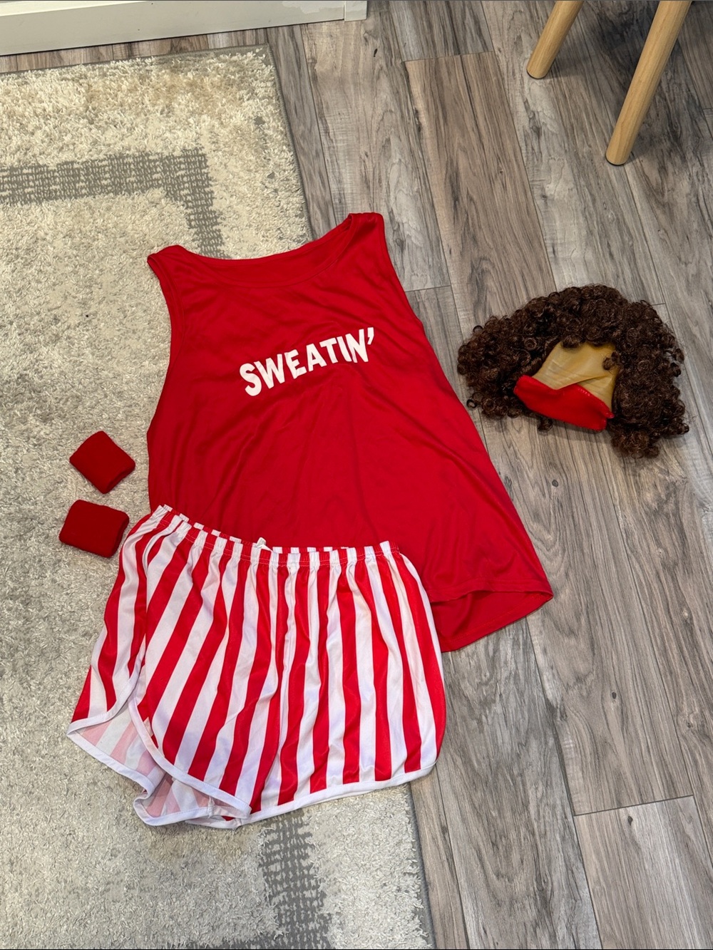 Men's Red 'Sweatin'' Tank and Striped Shorts Richard Simmons Halloween Costume